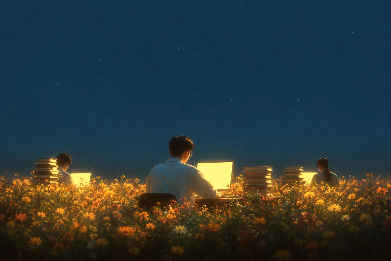 Three people sitting at small desks in a night meadow of wildflowers, lit only by the pale yellow glow of their screens, under a deep teal star-scattered sky