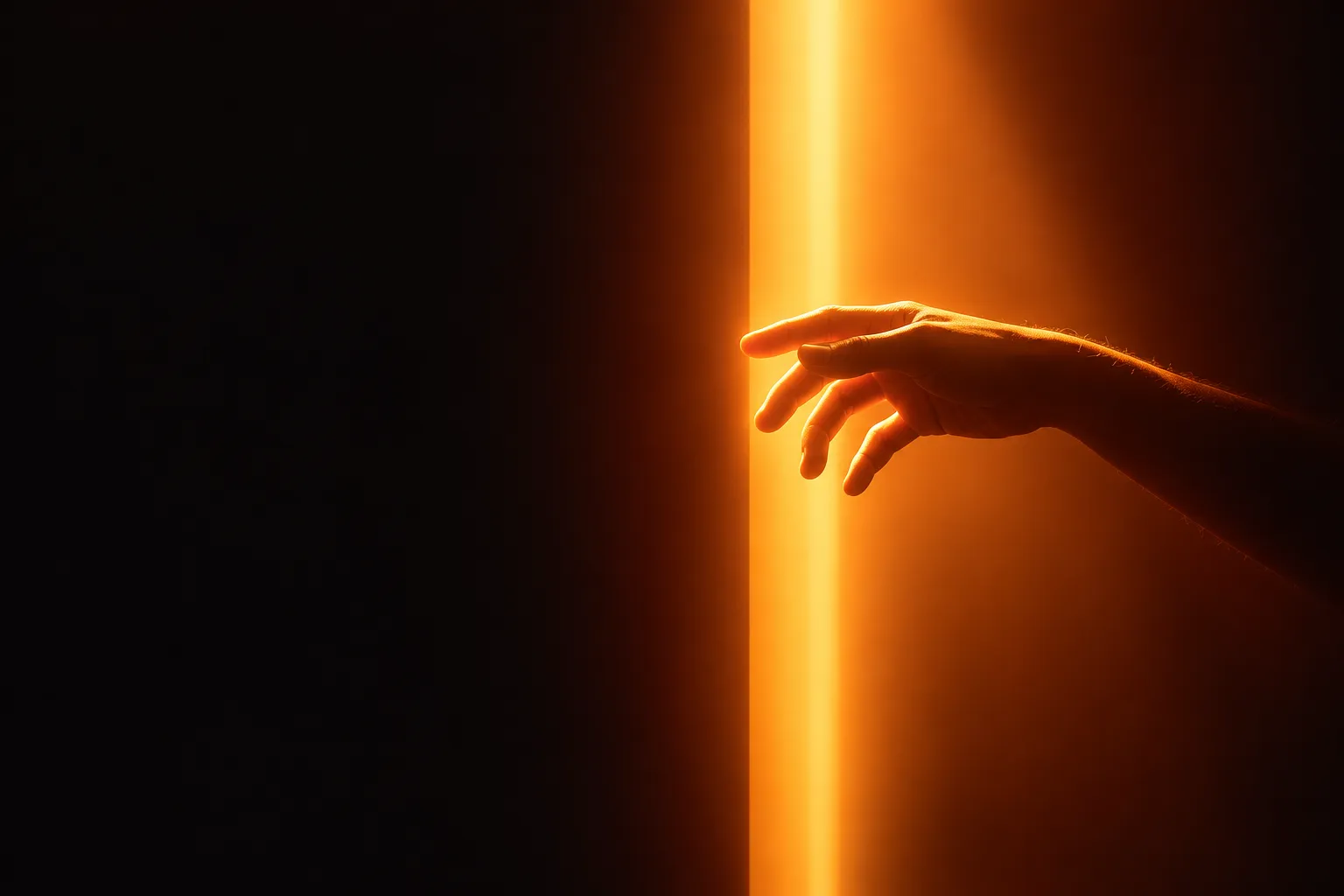 A bare hand reaching from the right toward a tall shaft of warm light in an otherwise black room