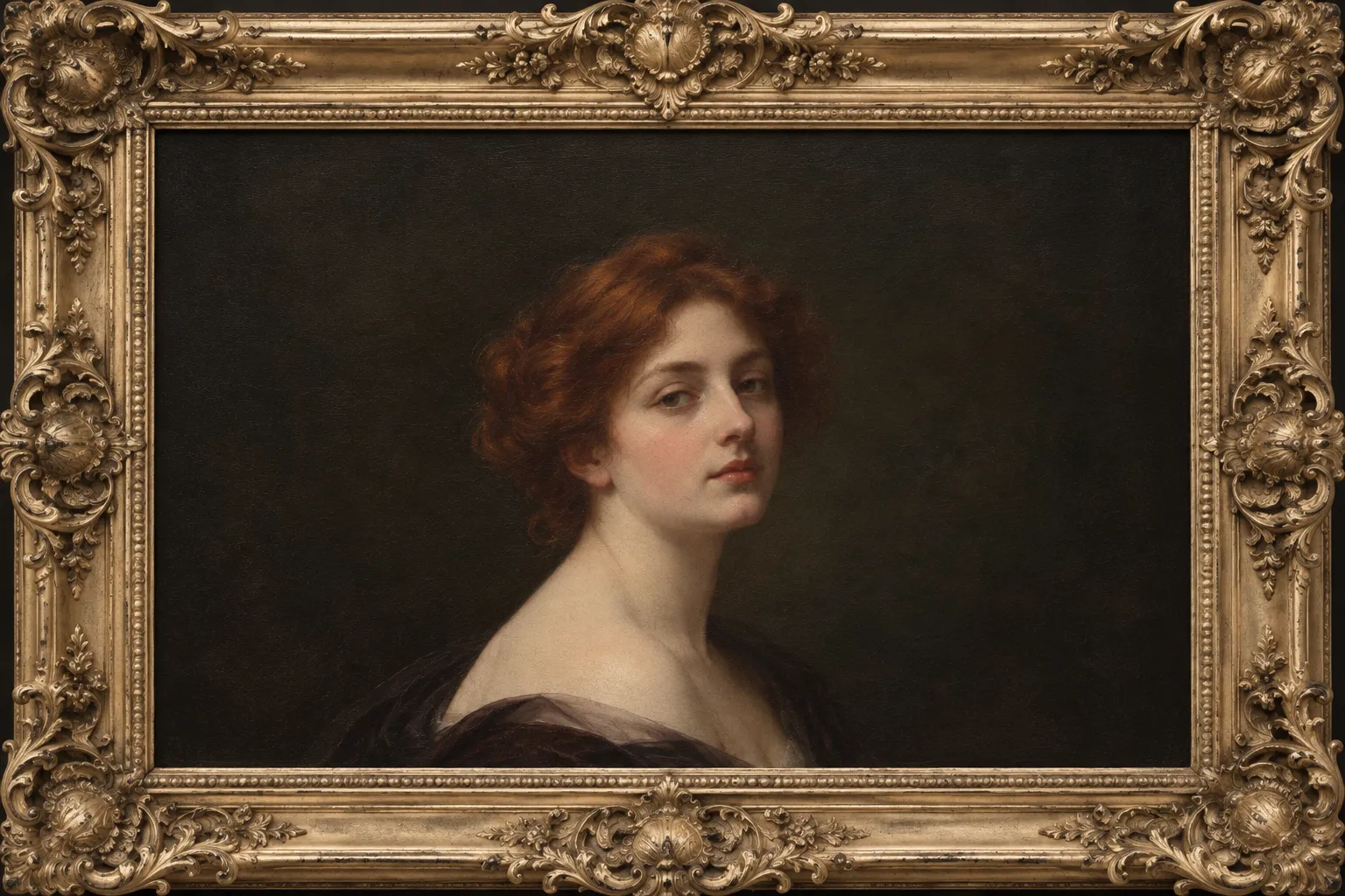 Belle-Époque oil portrait of an auburn-haired young woman in an ornate crested gilt frame