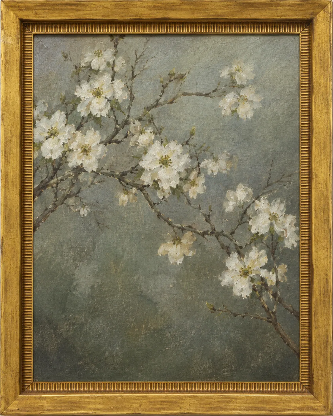 Impressionist still life of white blossom on bare branches in a bright gold fluted frame