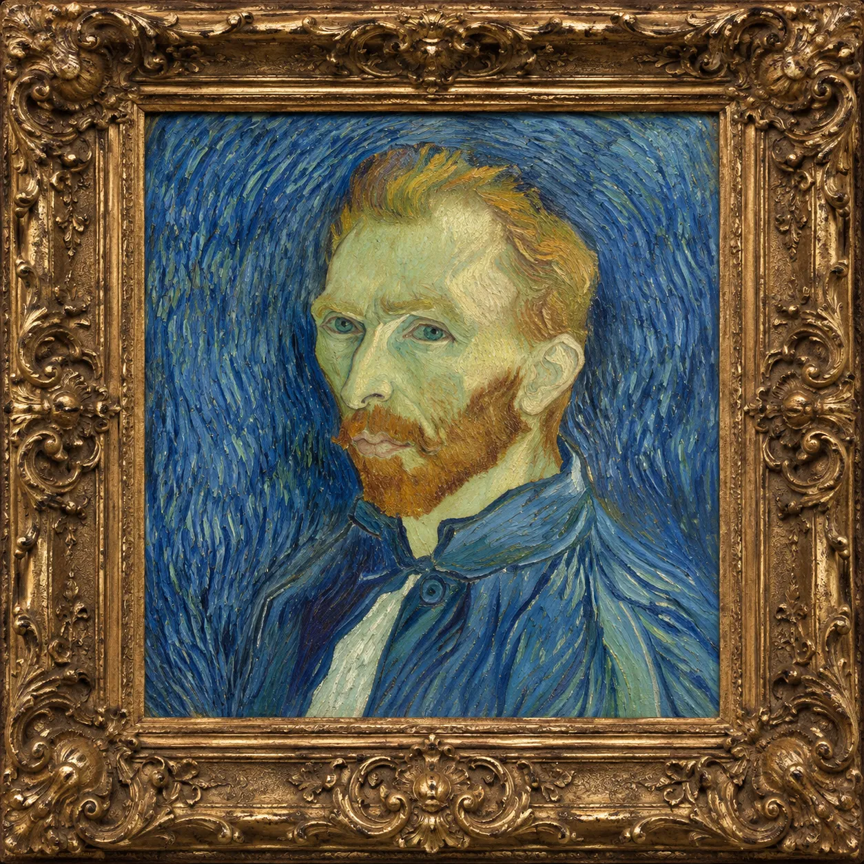 Post-impressionist self-portrait of a red-bearded man in a blue coat, in a deeply carved antique gold frame