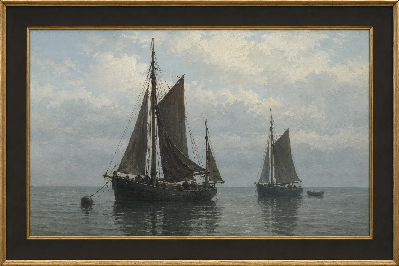 Marine oil painting of dark sails against a pale sky, in a wide dark mat and thin gold frame