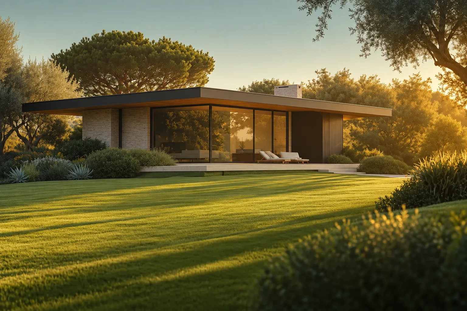 Modernist single-storey glass pavilion on a wide, freshly mown lawn at golden hour, framed by olive trees and an umbrella pine
