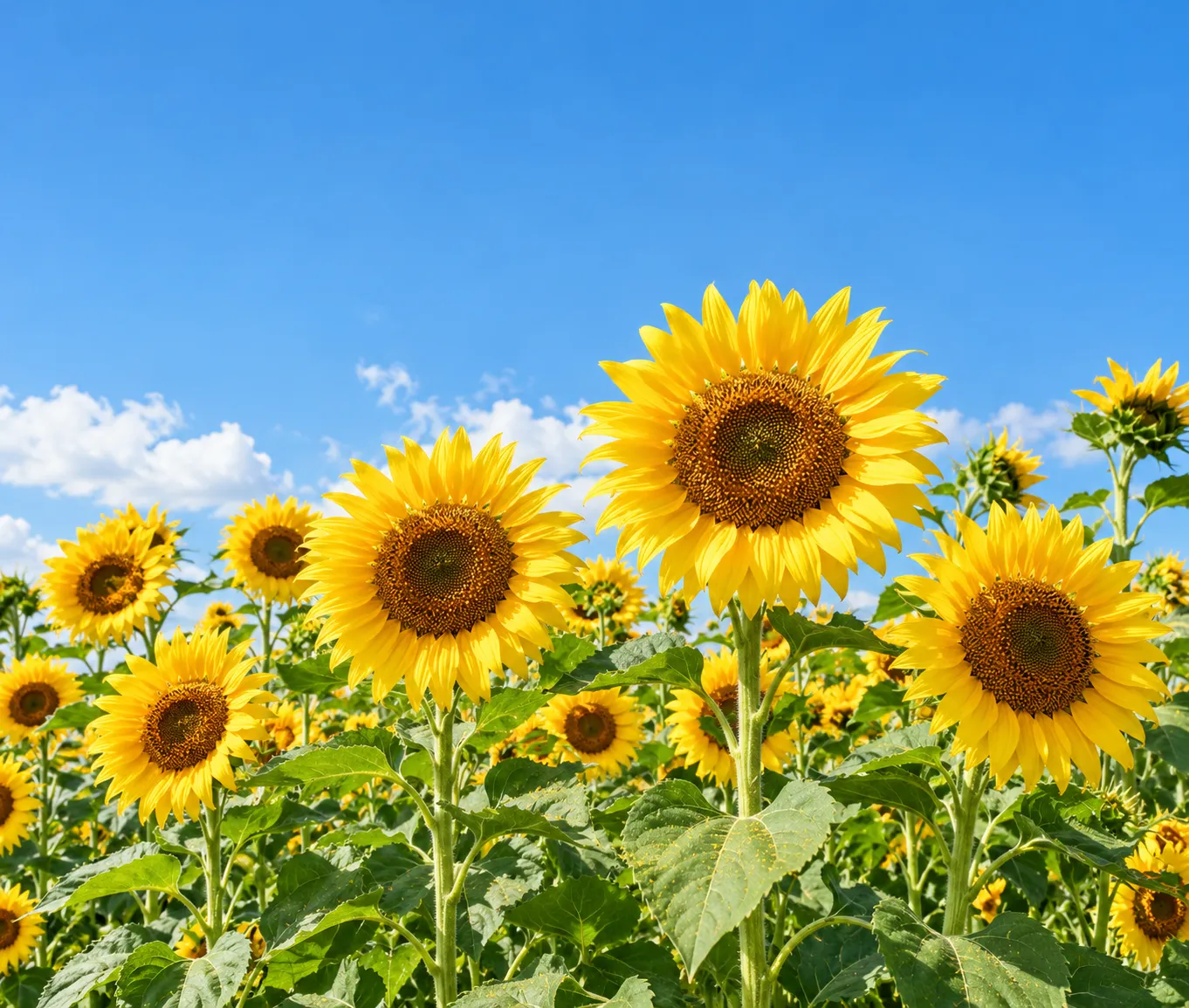 Sunflowers seen from below against a bright blue sky with soft white clouds