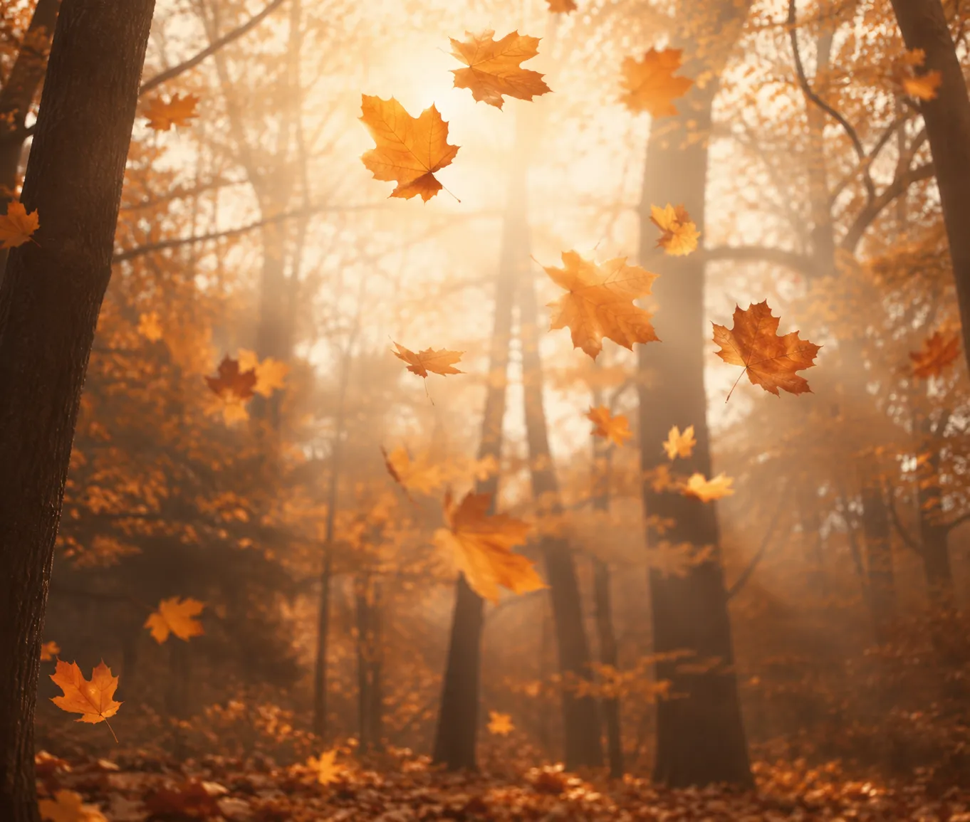 Hazy autumn forest with orange leaves falling in warm backlight