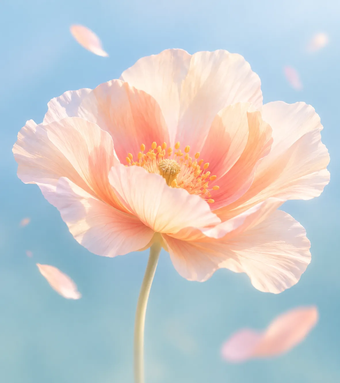 Dreamy macro of a soft peach blossom against a pastel blue background