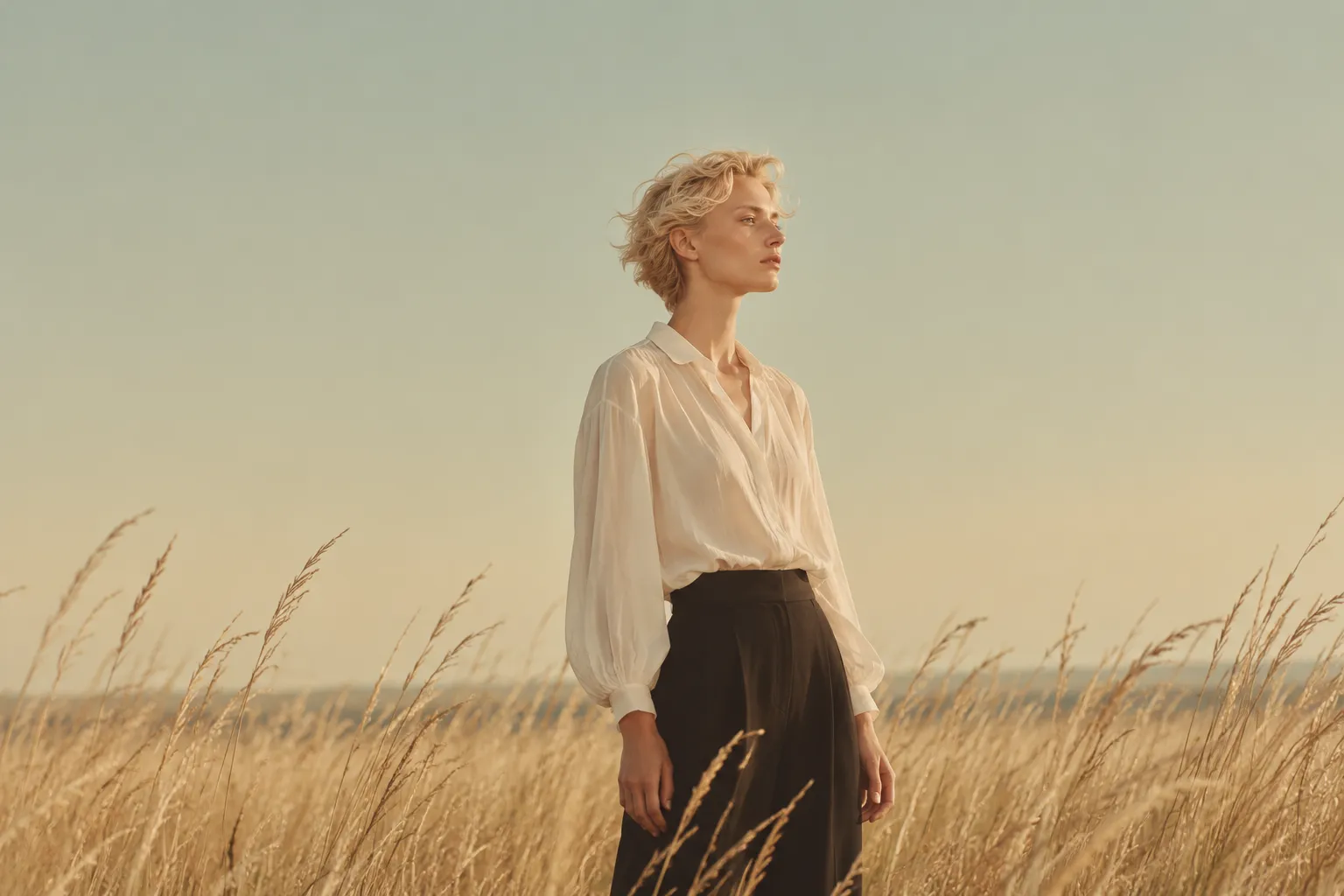 A person with short tousled blond hair in a loose cream blouse stands in tall golden dry grass under a hazy sage sky, looking to the side