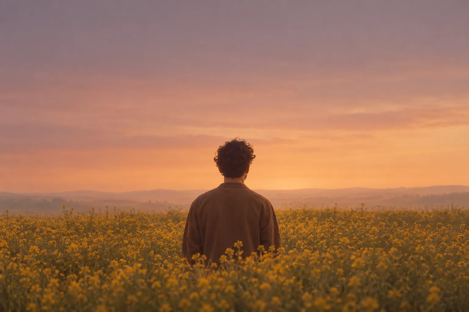 A person seen from behind stands in a field of small yellow wildflowers at dusk under a mauve-to-orange sky