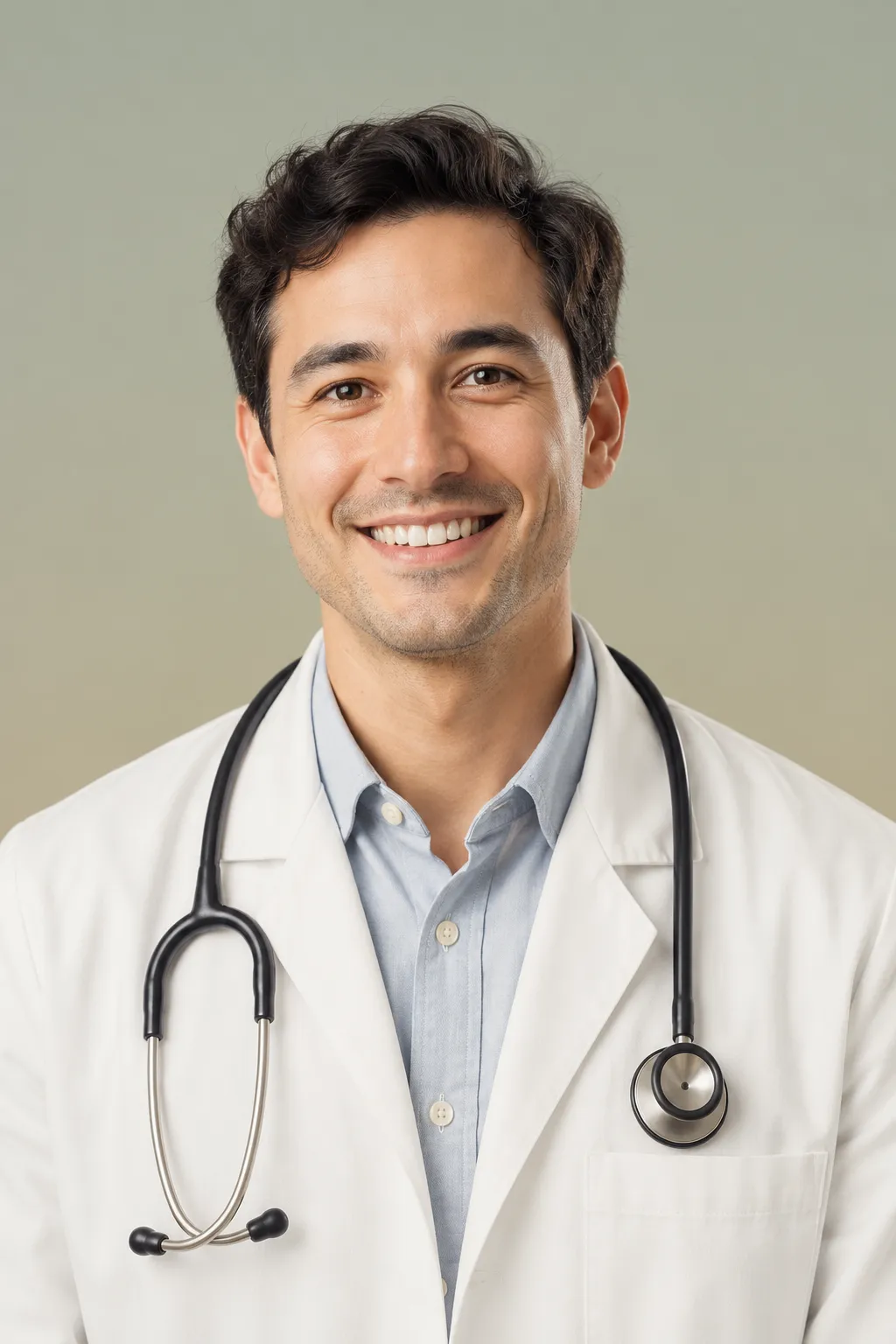 A smiling clinician in a white coat with a stethoscope against a plain sage-grey backdrop