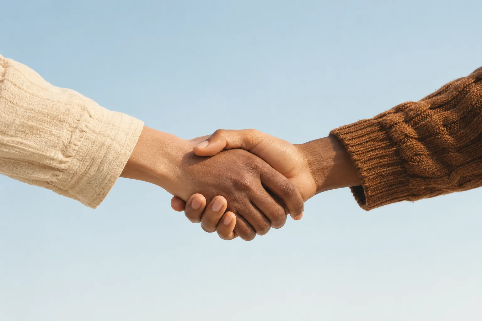 Close-up of two hands clasping in a supportive handshake, one in a cream sleeve and one in a brown knit sleeve, against a pale sky