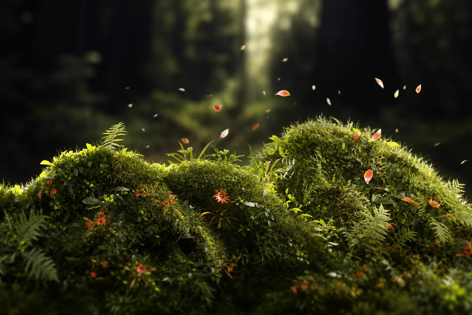 Low ground-level macro view of backlit moss mounds dotted with tiny orange-red star flowers, under a dark, heavily blurred forest with a pale shaft of light and falling petals