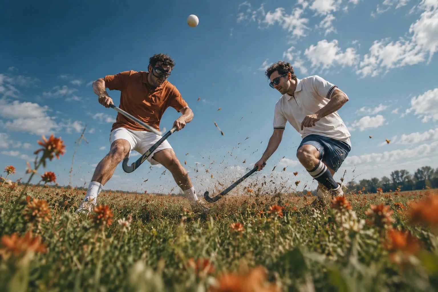 Two field hockey players mid-play in a wildflower meadow, shot from a low angle against a bright cloud-streaked sky